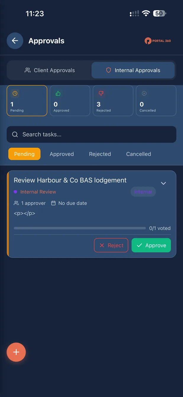 Portal 360 app approvals with approve and reject actions