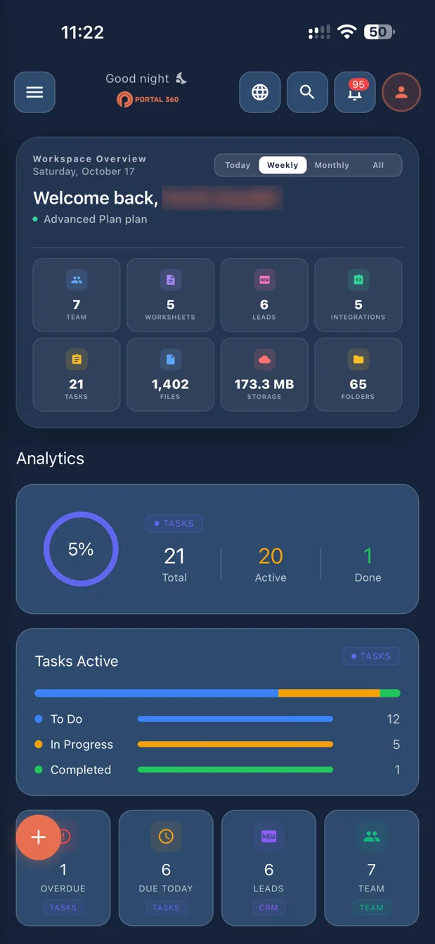 Portal 360 app dashboard with workspace overview and task analytics