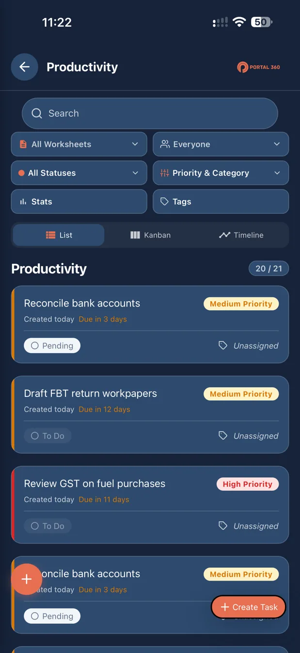Portal 360 app task list with priorities and due dates